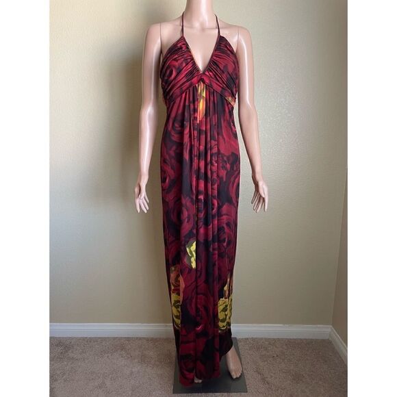 Alice + Olivia Silk V-Neck Halter Top Maxi Dress Red Orange Roses Size Small - Picture 1 of 9